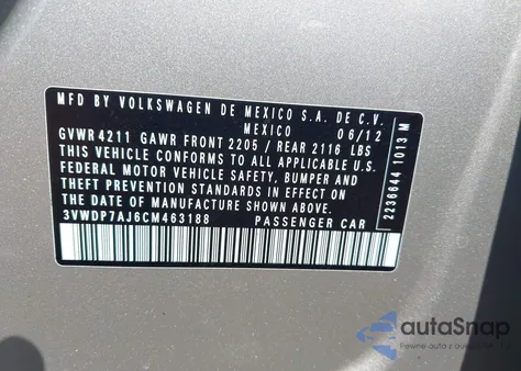 2012 Volkswagen Jetta 2.5L Se из США, поврежденный, VIN 3VWDP7AJ6CM463188